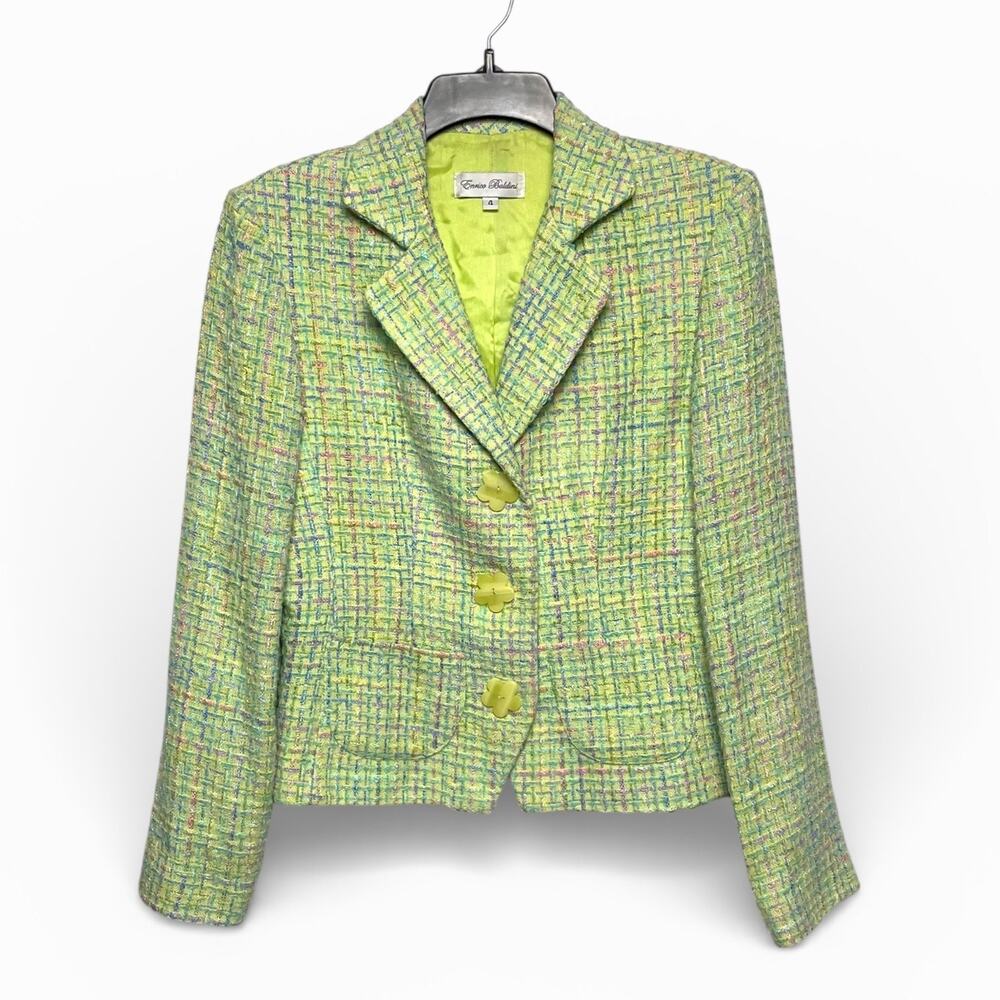 Vintage Enrico Baldini Lime Green Tweed Blazer with Flower Buttons size 4